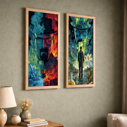 Minimalist Desert Wall Art Set of 2 Framed Prints | Sun & Moon Cactus Landscape Posters with Frame, Boho Neutral Abstract Nature Wall Decor, Scandinavian Aesthetic Artwork for Living Room, Bedroom, Office, Natural Wood Frames (Art-17, 10x19inch, Wooden)