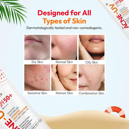 New ACNE-UV Sunscreen SPF50+ PA++++ | 50g Oil Free, Non Comedogenic Silicone Gel Sunscreen SPF 50 | UVA/UVB Protection | Water Resistant | No White Cast | Suitable for All Skin Types