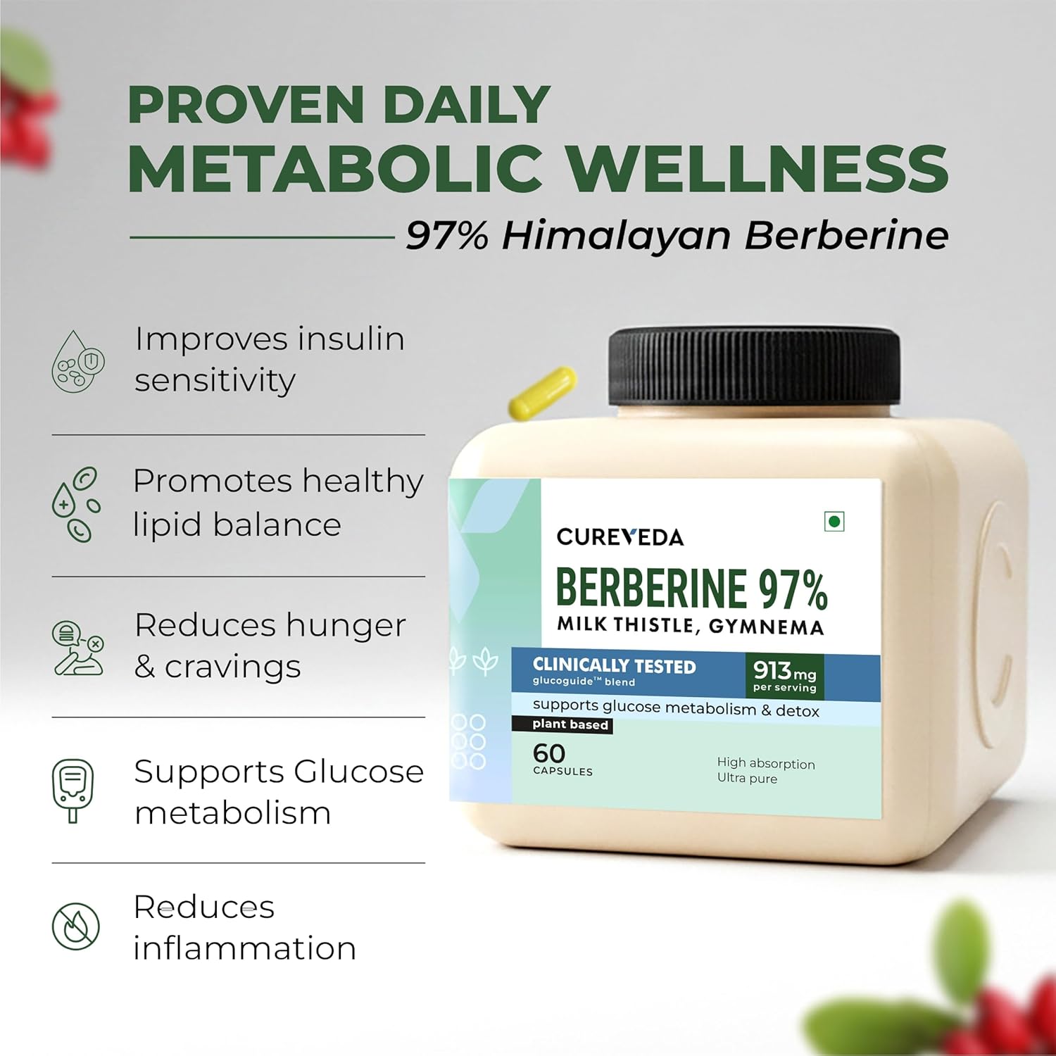 Cureveda Berberine 97% supplement container with health benefits listed on a light gray background