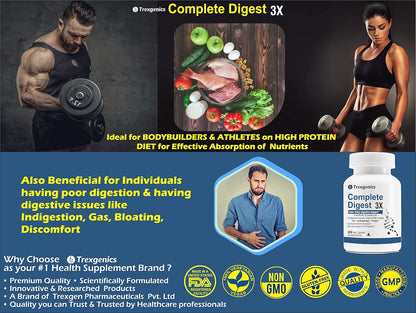 Advertisement for Trexegenics Complete Digest 3X supplement with images of a man and woman exercising, food items, and a person with a stomach issue.