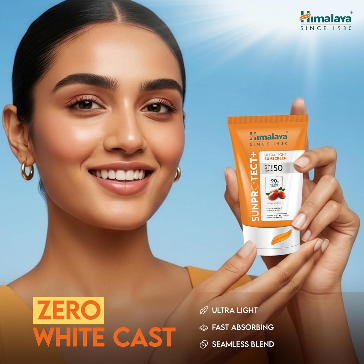 Woman holding a Himalaya SunPro Tech sunscreen with product details on a blue background