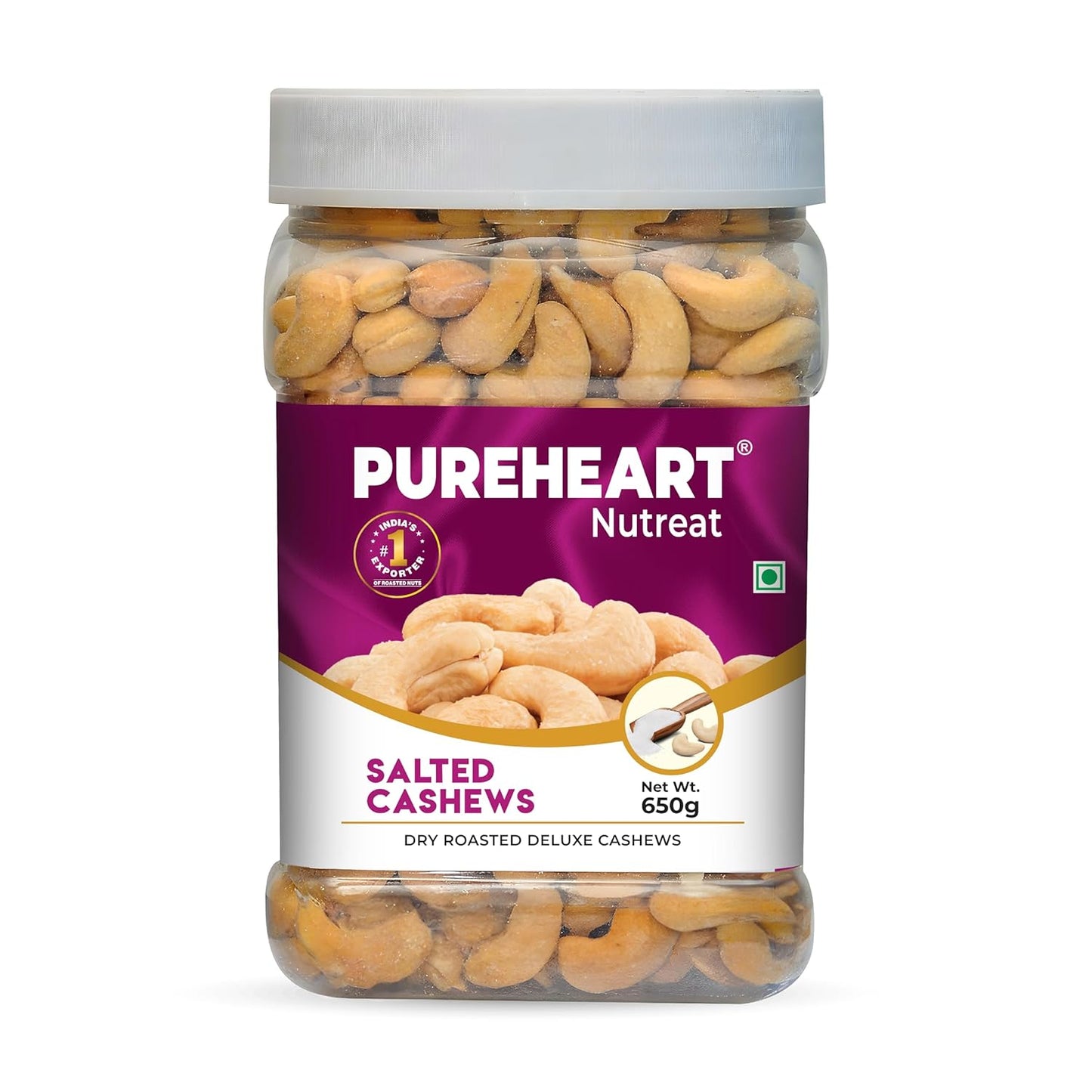 Pureheart Nutreat Roasted Salted Cashews, Flavourful & Crunchy Snack | Premium Salted Whole Cashew Nuts/Kaju Dry Fruit | Rich in Protein & Fiber | No Artificial Colors, Flavors, Preservatives