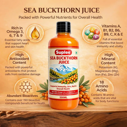 Suplee Himalayan Sea Buckthorn Juice 500ml | Cold Pressed Wild Seabuckthorn Berries | Rich in Omega 3 6 7 9, Vitamins | for Immunity, Skin Care and Vitality | Zero Added Sugar | 500ml