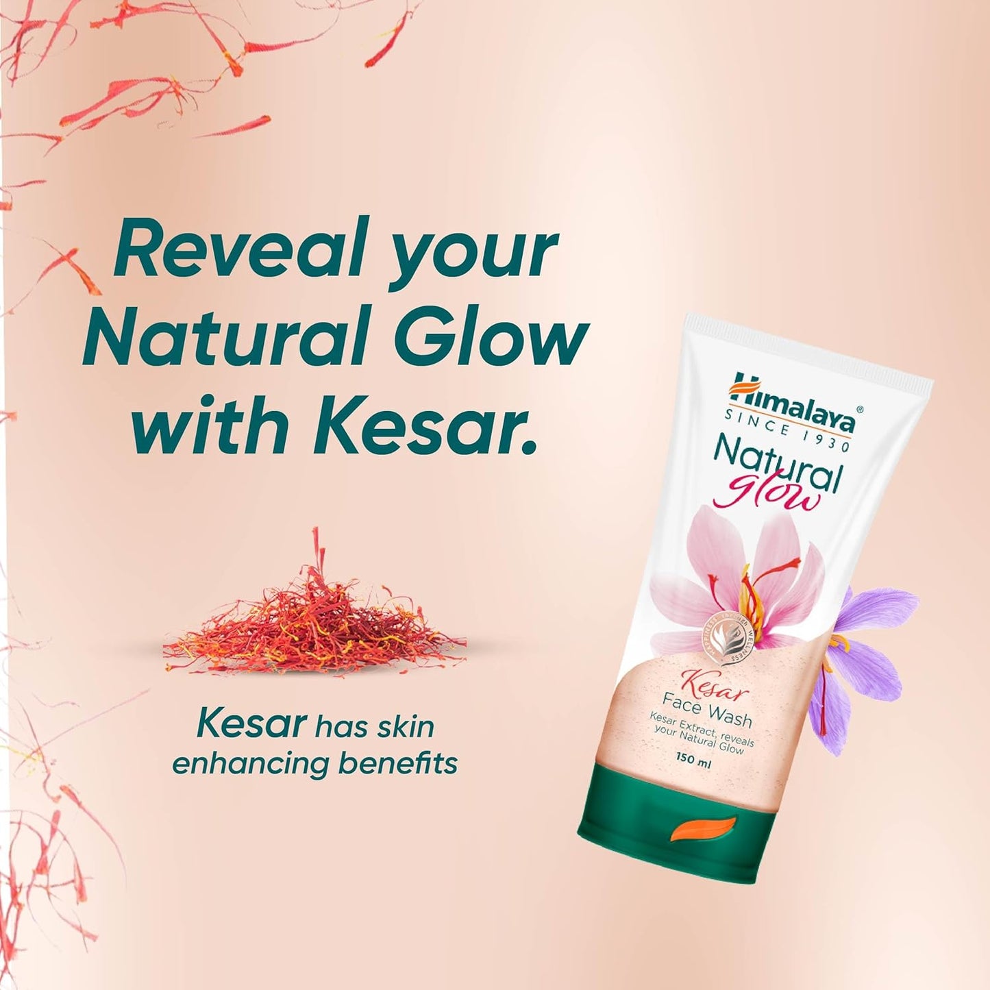 Himalaya Kesar Face Wash packaging with saffron and flowers on a light pink background