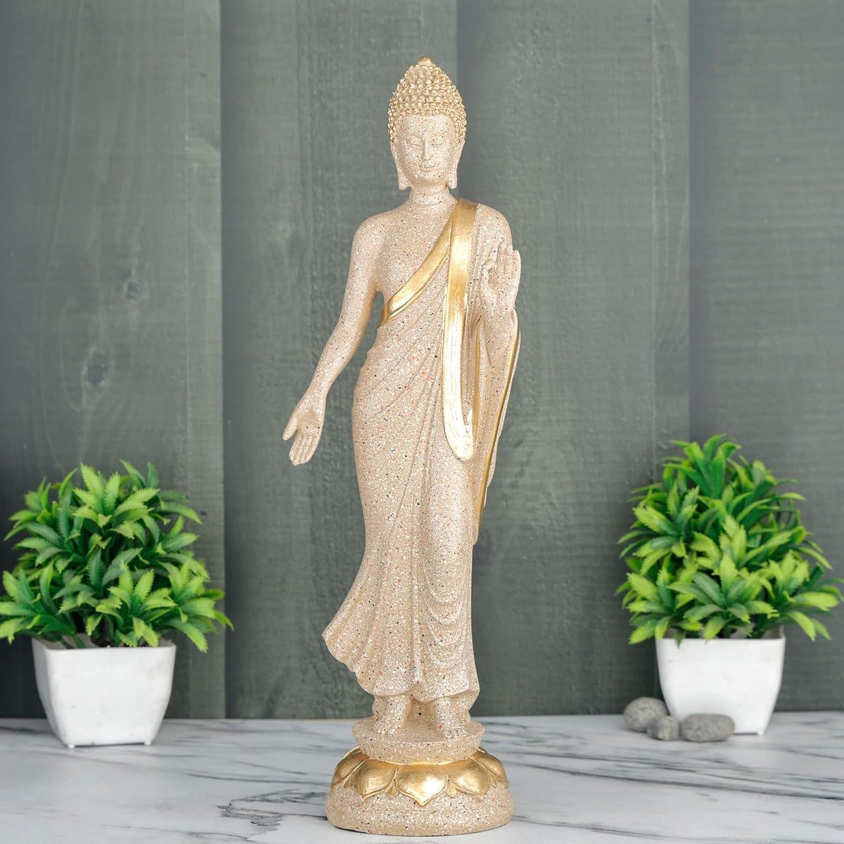 New Standing Buddha Statue showpiece Idol Home Decor Items for Living Room and Gifts (Stone White)