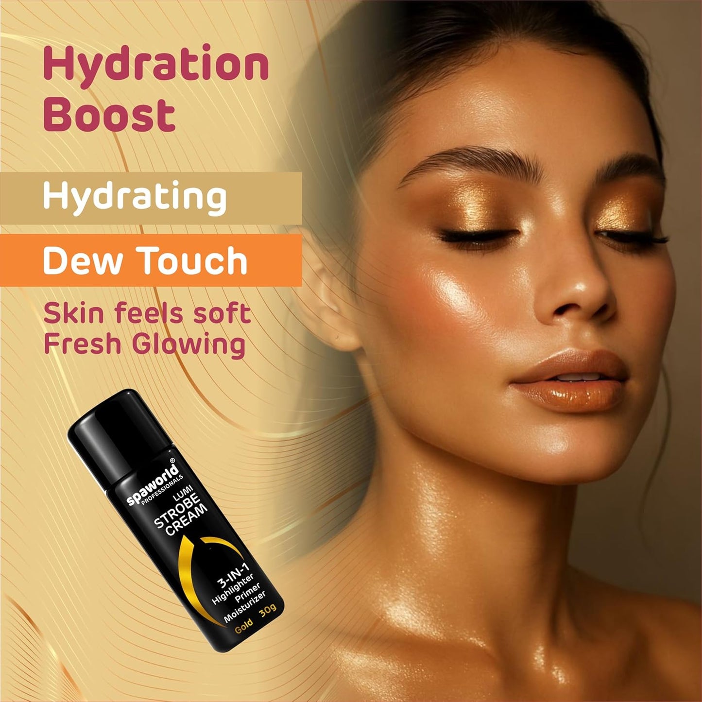 Woman with glowing skin and Spree Moisture Cream bottle on a beige background