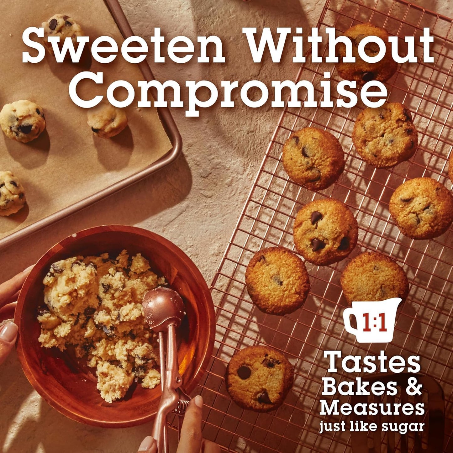 Cookies on a cooling rack with a bowl of crumble and a measuring cup, text 'Sweeten Without Compromise'.