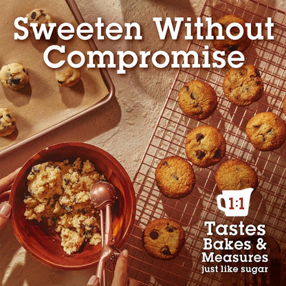Cookies on a cooling rack with a bowl of crumble and a measuring cup, text 'Sweeten Without Compromise'.