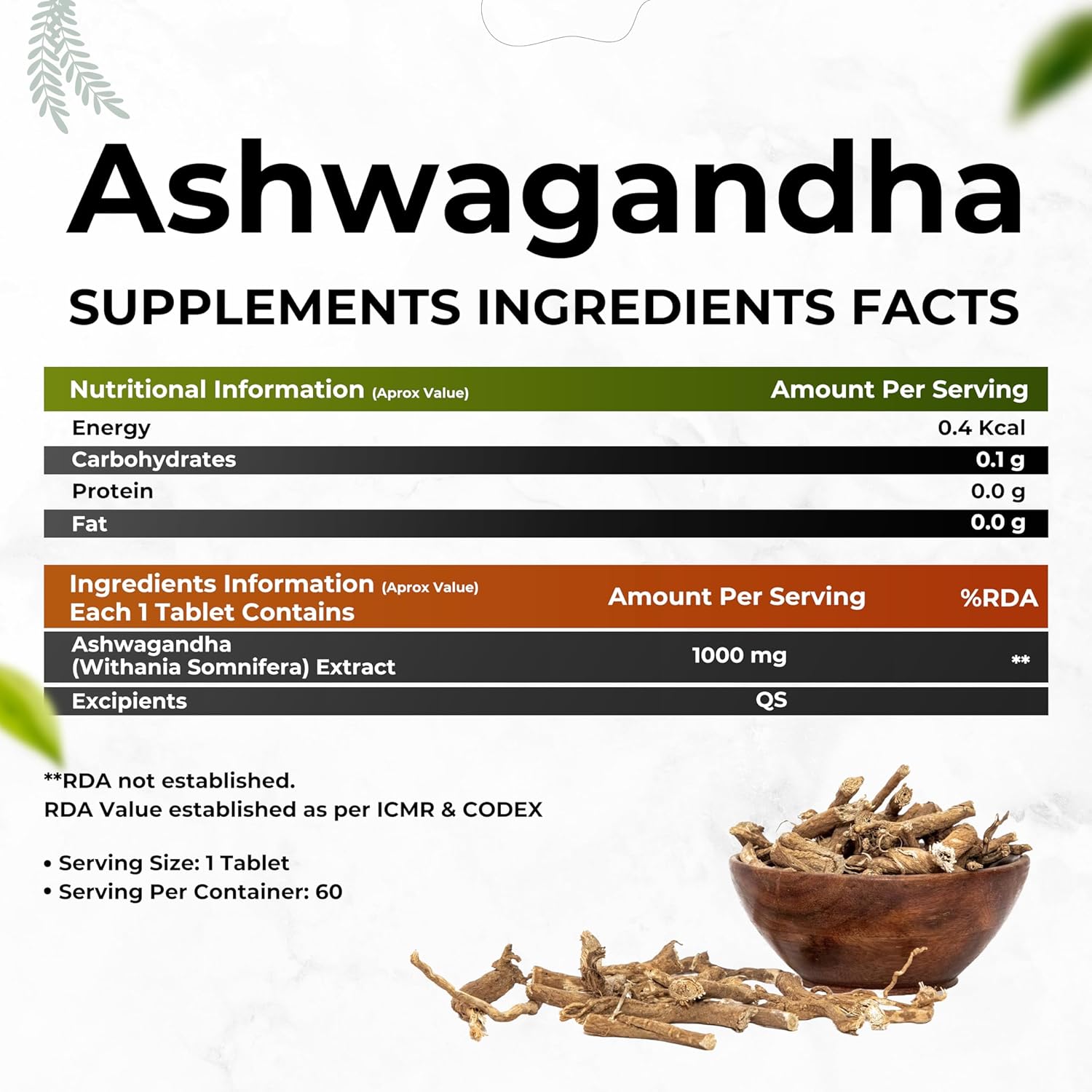 Zephivo HEALTH VEDA ORGANICS PRIVATE LIMITED Ashwagandha 1000Mg | High Strength Potent Formula | Boosts Immunity & Energy | Rejuvenates Mind & Body | 60 Veg Tablets | For Both Men & Women