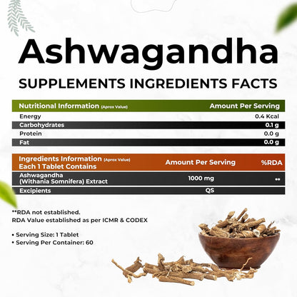 Zephivo HEALTH VEDA ORGANICS PRIVATE LIMITED Ashwagandha 1000Mg | High Strength Potent Formula | Boosts Immunity & Energy | Rejuvenates Mind & Body | 60 Veg Tablets | For Both Men & Women