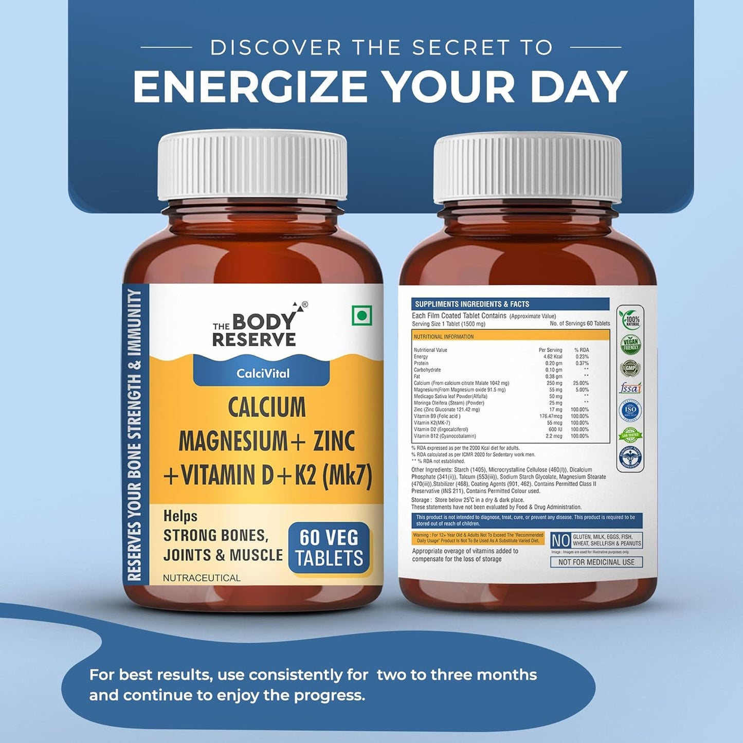 Two bottles of 'The Body Reserve' supplement on a blue background with promotional text.