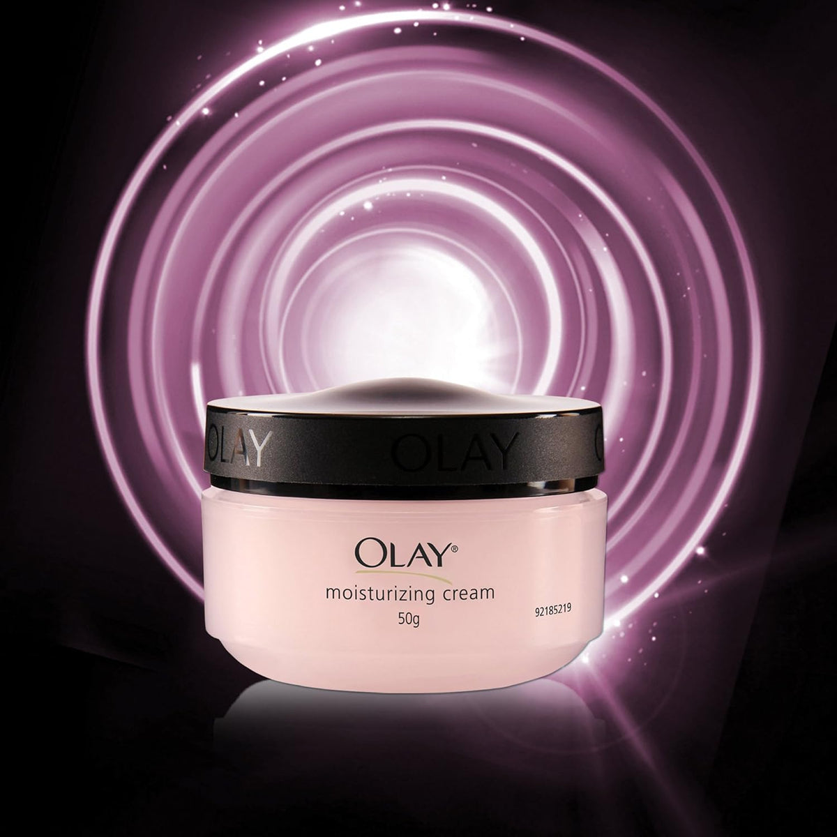 Olay moisturizing cream jar with a purple circular light effect in the background