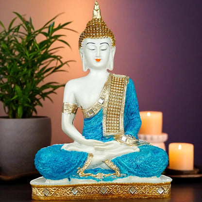 New 25 Centimetre Meditating Sitting Buddha Statue showpiece Idol Home Decoration Items for Living Room Decor and Gifts (Blue White Glossy)
