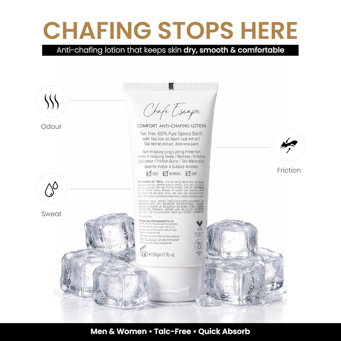 Personal Touch Chafe Escape Anti Chafing Cream for Inner Thighs & Underarms | Sweat & Friction Protection Cream | Talc Free, Non-Greasy, Quick Absorbing | For Sports & Daily Use | Unisex | 50 g