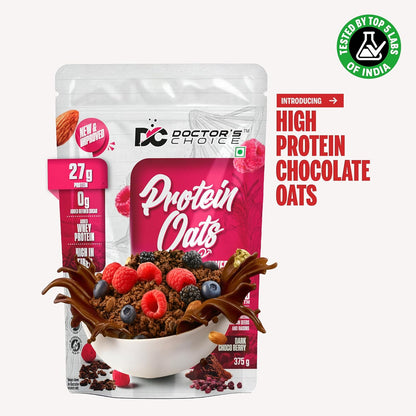 Doctors Choice High Protein Oats 375g | 27g Protein Oatmeal | Dark Choco Berry Flavor | No Added Sugar | Gluten Free | High Fiber Healthy Breakfast Oats