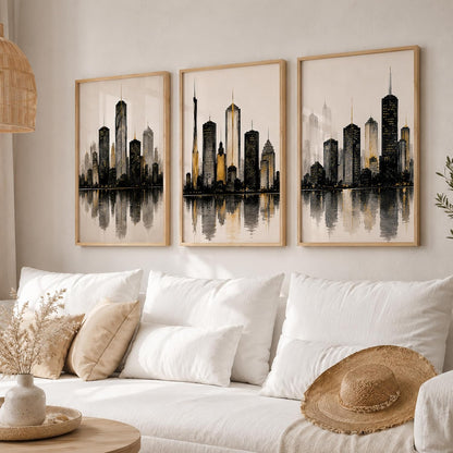 Set of 3 Modern City Skyline Wall Art Paintings for Living Room | Luxury Urban Cityscape Wall Decor | Framed Wall Paintings for Bedroom, Office, Hall & Home Decoration (13x19 Inches)