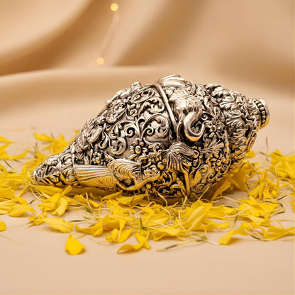 Dev Aastha 999 Pure Silver Plated Ganesh Shankh | 6 Inch Grand Vastu Showpiece for Success & Wealth | Sacred Conch Shell Idol for Home Temple & Altar
