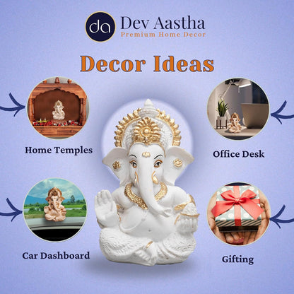 Lord Ganesha Idol for Car Dashboard, Home Decor & Pooja | Resin Gold Plated Ganpati Murti | 3.5 Inch Ganesh Statue for Gift, Diwali, Housewarming, Baby Shower, Mandir Decor, White, Pack -1