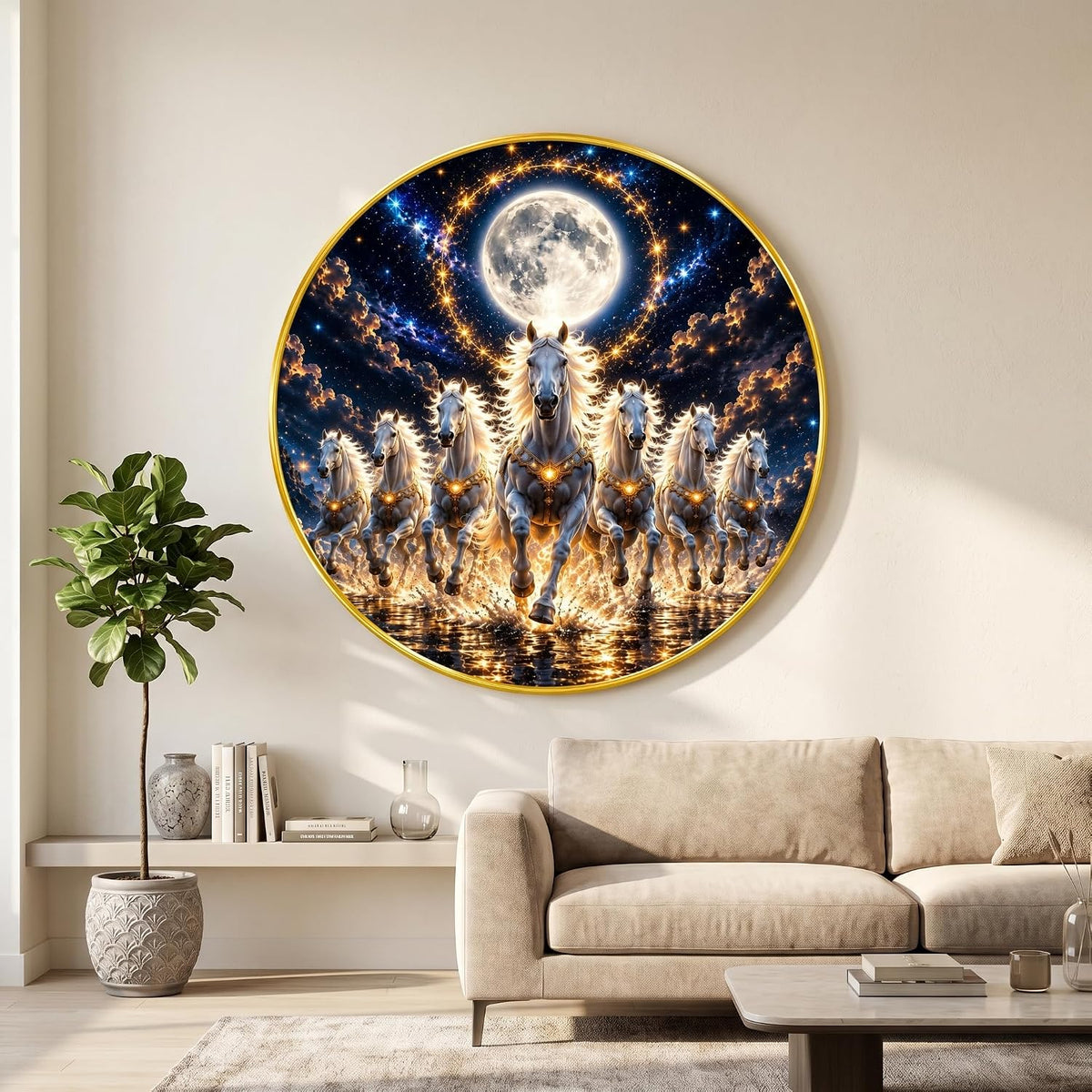 7 Horse Moon Round Wall Painting with Premium PVC Golden Frame, White Running Horses Night Sky Vastu Art for Living Room Office Home Decor Gift (20 x 20 Inch) GRL-443