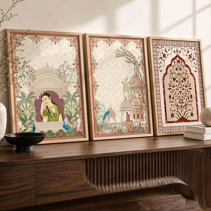 Indian Traditional Madhubani Wall Art Painting With Frame Pichwai Art Home Decoration For Living Room Bed Room Hotel Wall Decor Digital Reprint Set of 3 (13X17 inch)
