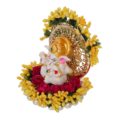 Resin Handcrafted Lord Ganesha Idol on Yellow Floral Decorative Plate| Ganesha Idol for Home Decor Car Dashboard| Ganesha Statue|Ganpati Murti Gift for Diwali Ganesh Chaturthi Housewarming