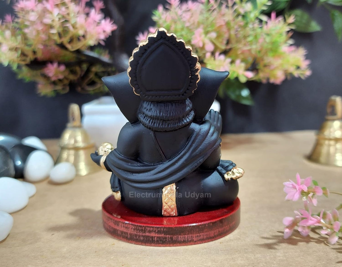 Handcrafted Poly Resin Ganesha Statue with Base - Perfect for Car Dashboard, Office Desk, Shelves, and Home Decor - Ideal Housewarming Gift! (Gaddiblackwithbase)