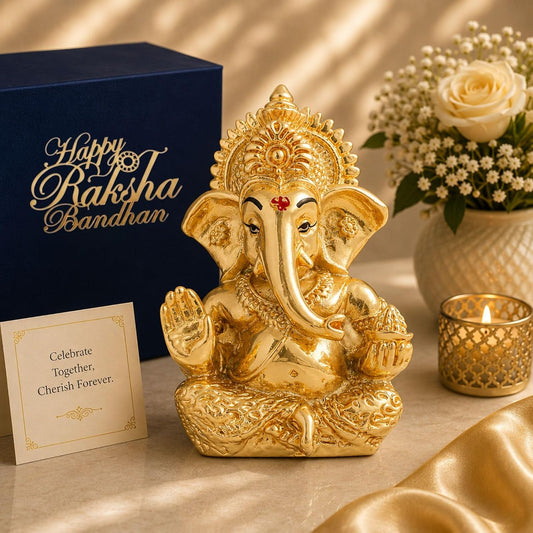 Resin Golden Ganesh Idol with Velvet Box & Carry Bag | Happy Raksha Bandhan Tag, Gold Plated Ganpati for Car Dashboard & Decor