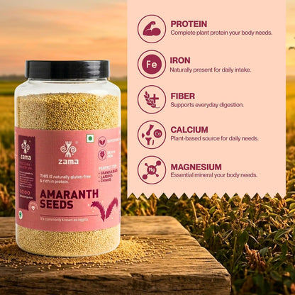 Zama Organics Amaranth Seeds 1Kg Jar | Rich in Fiber & Protein | Keto Friendly | Gluten free, Calcium Rich | No Cholesterol | Rajgira Seed | Best for soups, chapati, salads