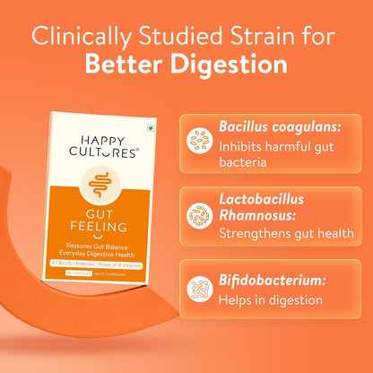 VELBIOM Happy Cultures Gut Feeling Digestion Supplement| Unique Blend Of Probiotics For Daily Digestive Health| B-Vitamins Gut Digestion |Clinically Tested For Men and Women - 30 Veg Capsules