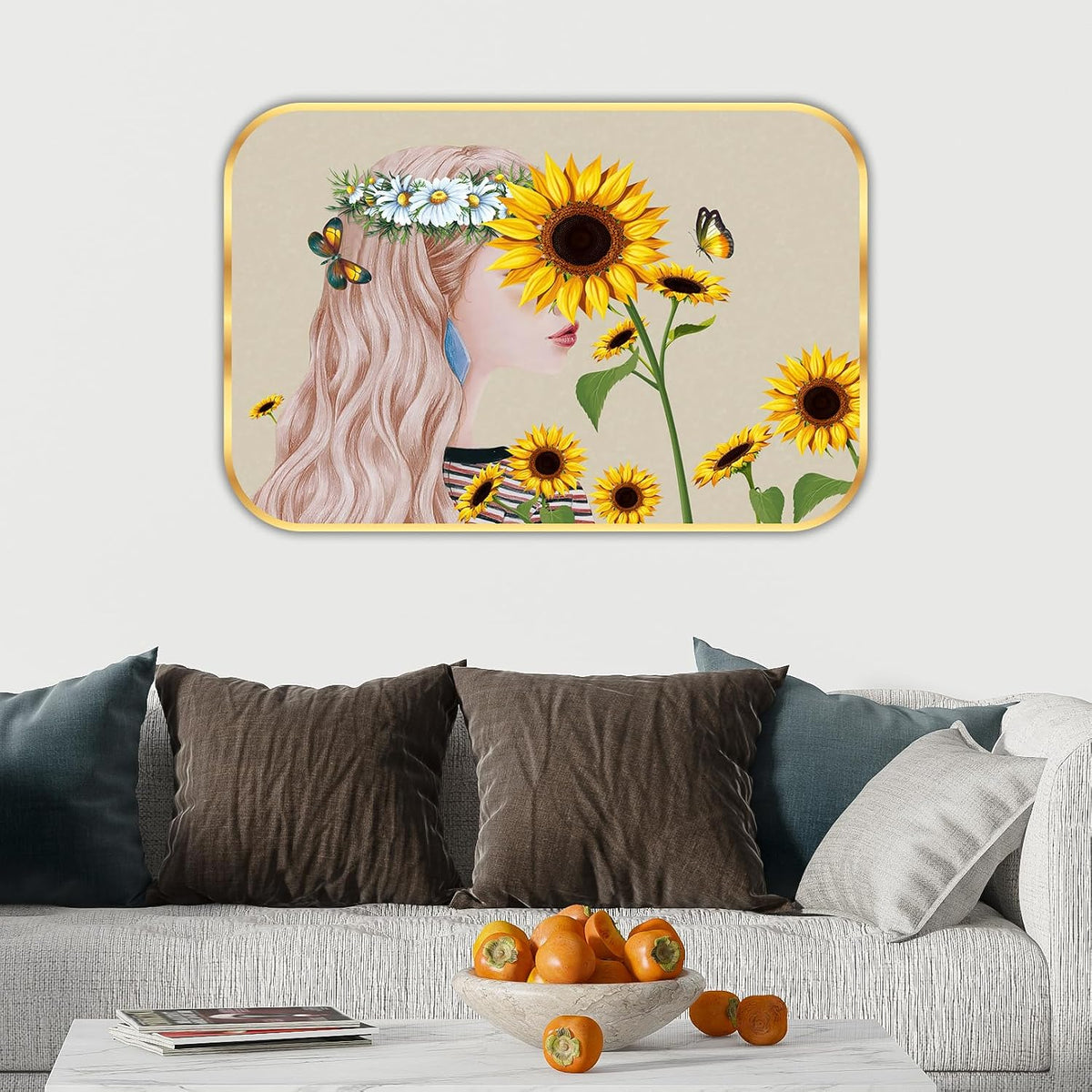 Abstract Sunflower modern art Premium Sparkle Lamination Finished Surface Golden Slim Frame 30 cm x 46 cm Large Size, For Home/Office/Hotel painting MG33