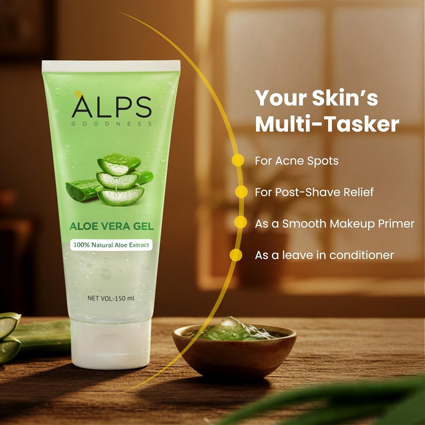Alps Goodness Aloe Vera Gel, 150ml | 100% Natural Aloe Extract | Hydrating Cooling & Soothing Gel for Face, Hair & Body | Helps Calm Sunburn, Razor Burns & Dryness | Lightweight | Paraben-Free