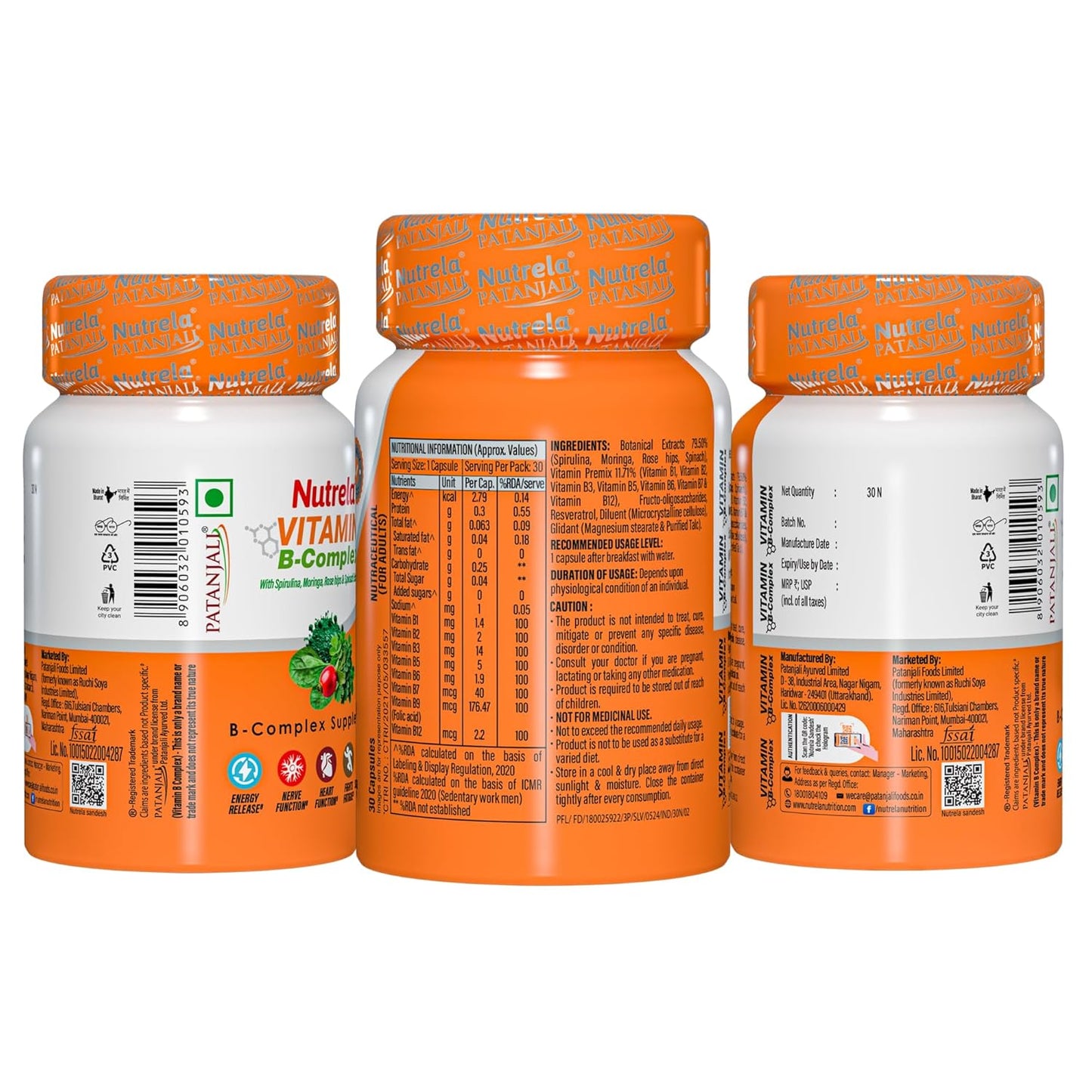 Nutrela Daily Energy Biofermented B Complex for Men & Women - 30 Veg Capsules