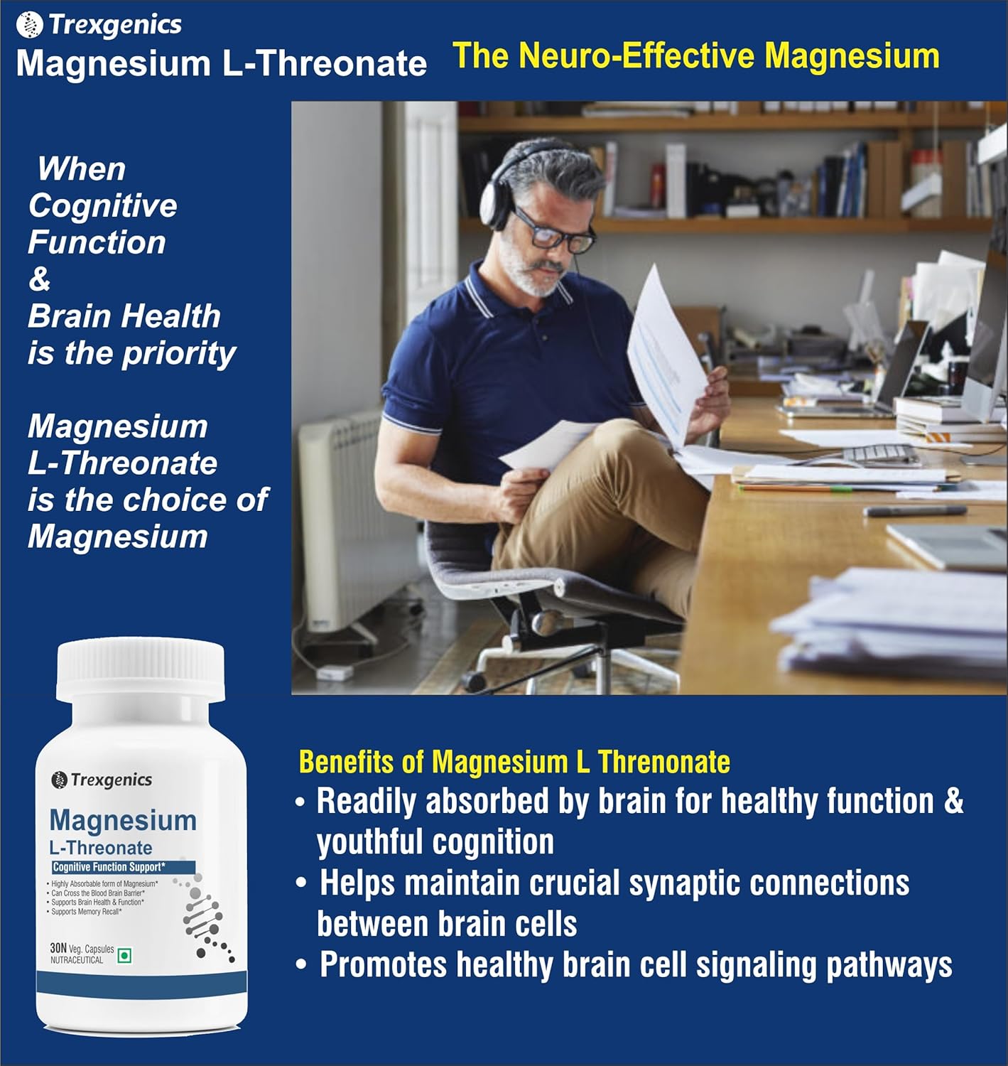 Trexgenics MAGNESIUM L-THREONATE Next Generation Bioavailable Magnesium, Cognitive Function & Brain Health Support (30 Veg. Capsules) (Pack of 1)