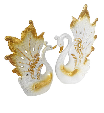 Decorative Peacock Figurine Set, White and Gold, Resin,Home & Office Decor Showpiece (2 Piece)