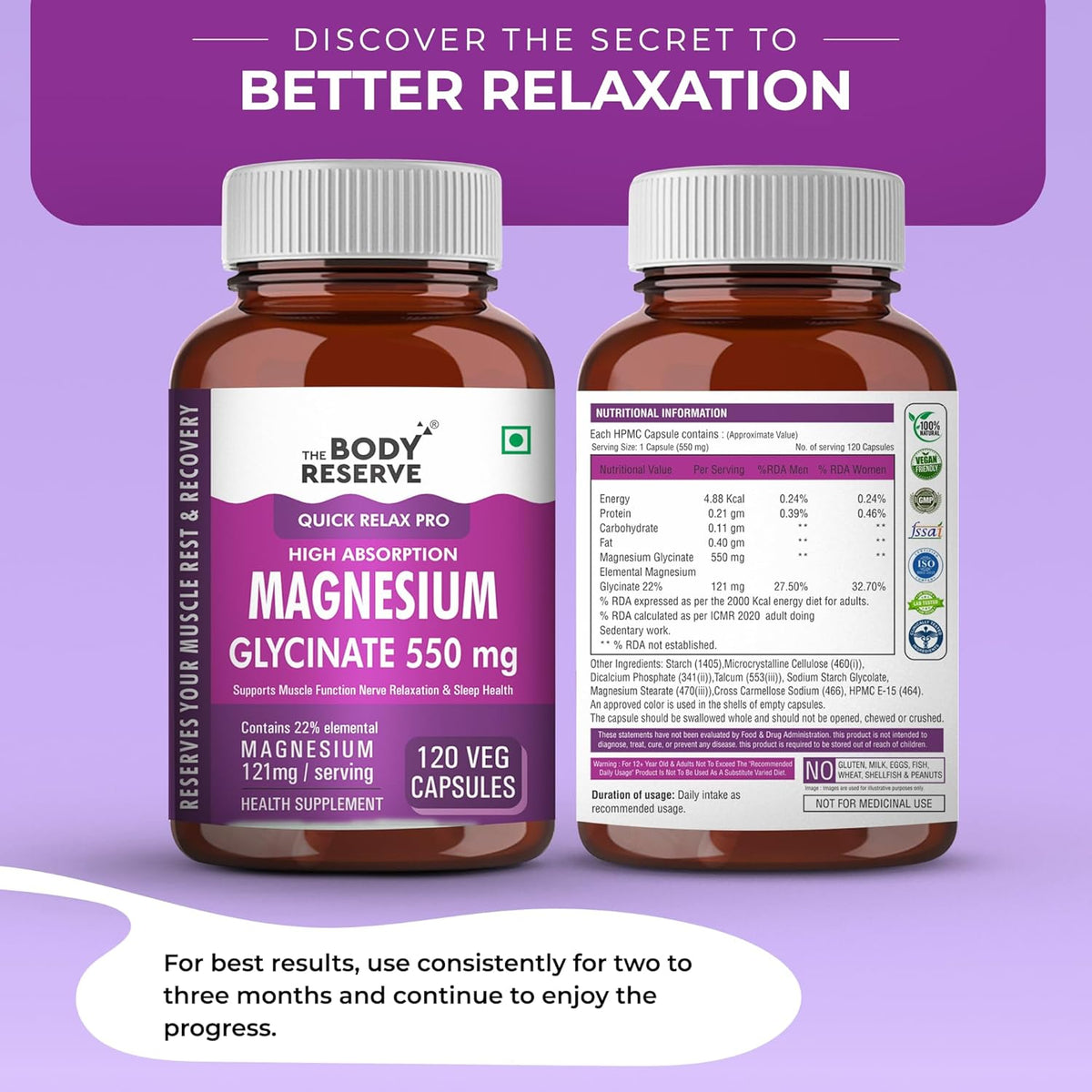 Two bottles of The Body Reserve Magnesium Glycinate supplement on a purple background with text about better relaxation.