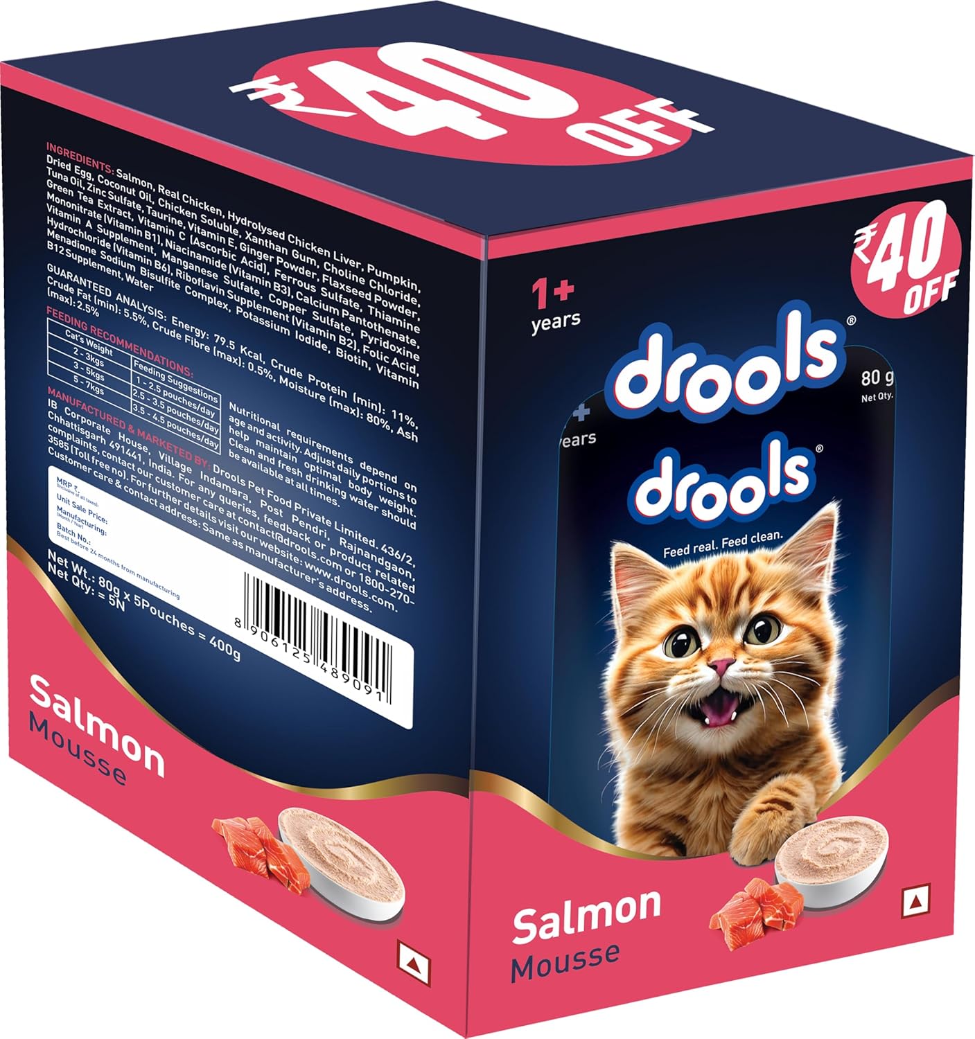 Drools Adult Cat Wet Mousse 80g Pack of 5, 400g | Salmon Flavour | Rich in Protein | Promotes Hydration & Easy to Digest | No Artificial Flavours | Packed with Essential Vitamins & Antioxidants