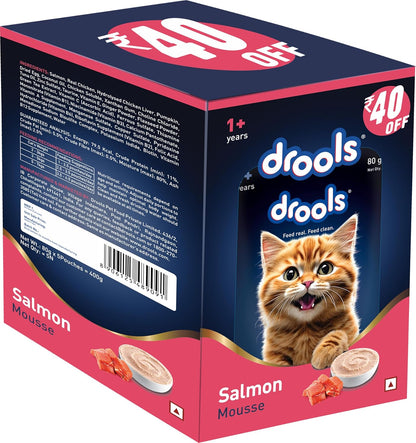 Drools Adult Cat Wet Mousse 80g Pack of 5, 400g | Salmon Flavour | Rich in Protein | Promotes Hydration & Easy to Digest | No Artificial Flavours | Packed with Essential Vitamins & Antioxidants