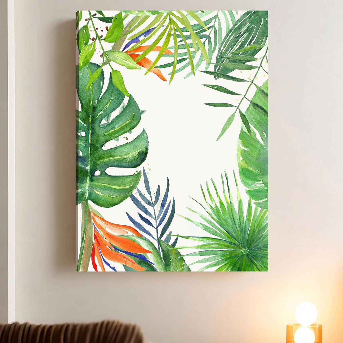 Tropical Green Leaves Framed Canvas Wall Art Painting for wall decoration | Botanical Leaf Nature Inspired Painting for Living Room, Bedroom and Office, 16x22 Inch