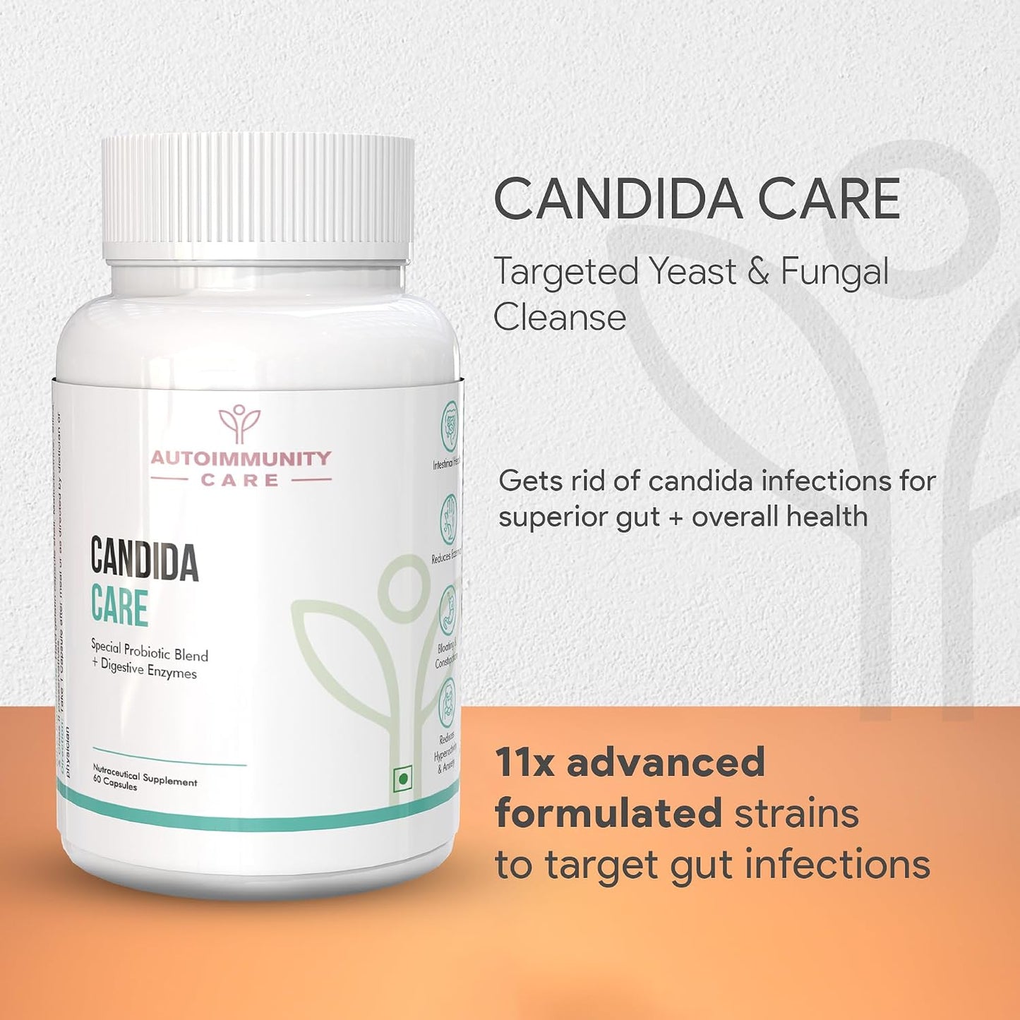 Autoimmunity Care Candida Care – Advanced Probiotics for Candida, Leaky Gut & Gut Health | Probiotics Supplement for Gut Cleanse, Acidity & Bloating Relief | Lactobacillus, Bifidobacterium & S Boulardii | 60 Dose