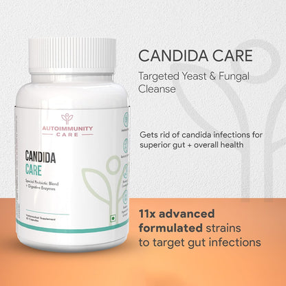 Autoimmunity Care Candida Care – Advanced Probiotics for Candida, Leaky Gut & Gut Health | Probiotics Supplement for Gut Cleanse, Acidity & Bloating Relief | Lactobacillus, Bifidobacterium & S Boulardii | 60 Dose