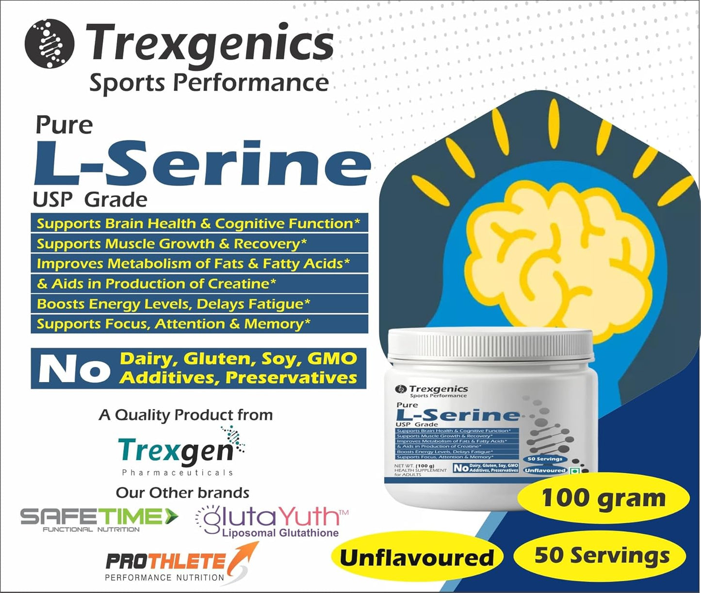 Trexgenics L-SERINE USP grade Pure Powder 50 servings of 2 gram (100 gram)