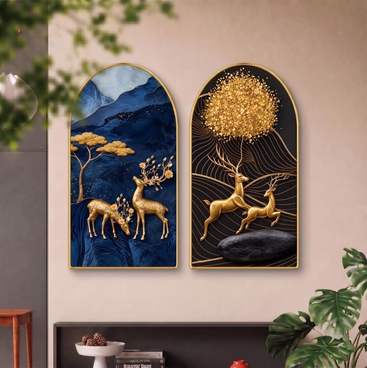 Set of 2 Abstract Deer Wall Painting for Living Room, Blue Gold Modern Artwork, PVC Golden Frame, Arch Shape Wall Decor for Bedroom, Hall, Office & Gift (30 x 32 Inch) RPNL-02-112