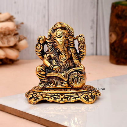 Designer Metal Lord Ganesha Statue Golden Brass Hindu God Ganesh Ganpati Sitting Idol Blessing Ganpati Sculpture for Home Decor Diwali Puja Home Decoration Festival Gifts