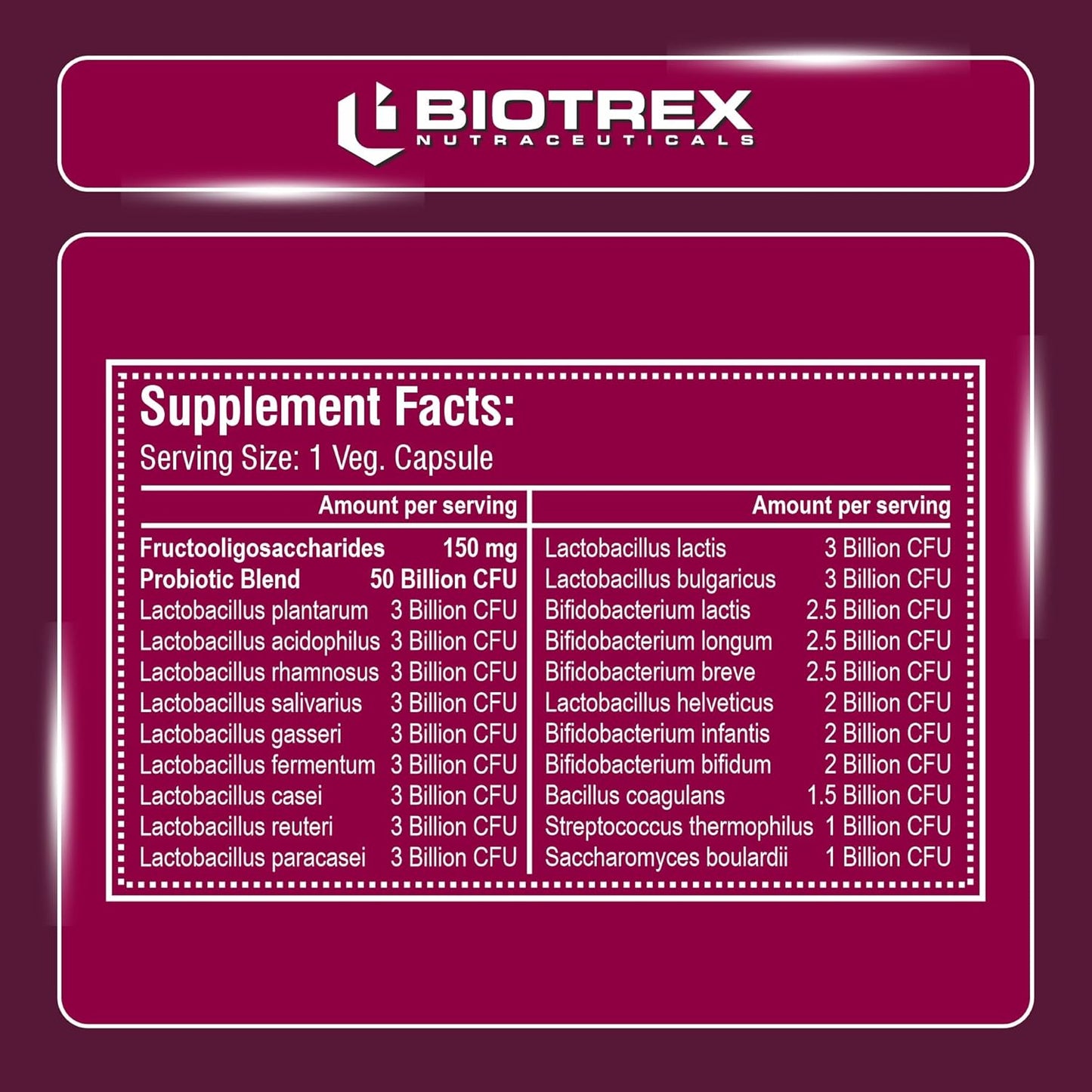 Biotrex Nutraceuticals Probiotics 50 Billion With 150mg Prebiotics Supplement For Gut Health - 60 Capsules
