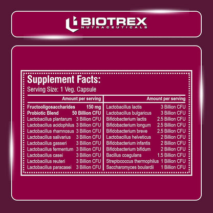 Biotrex Nutraceuticals Probiotics 50 Billion With 150mg Prebiotics Supplement For Gut Health - 60 Capsules
