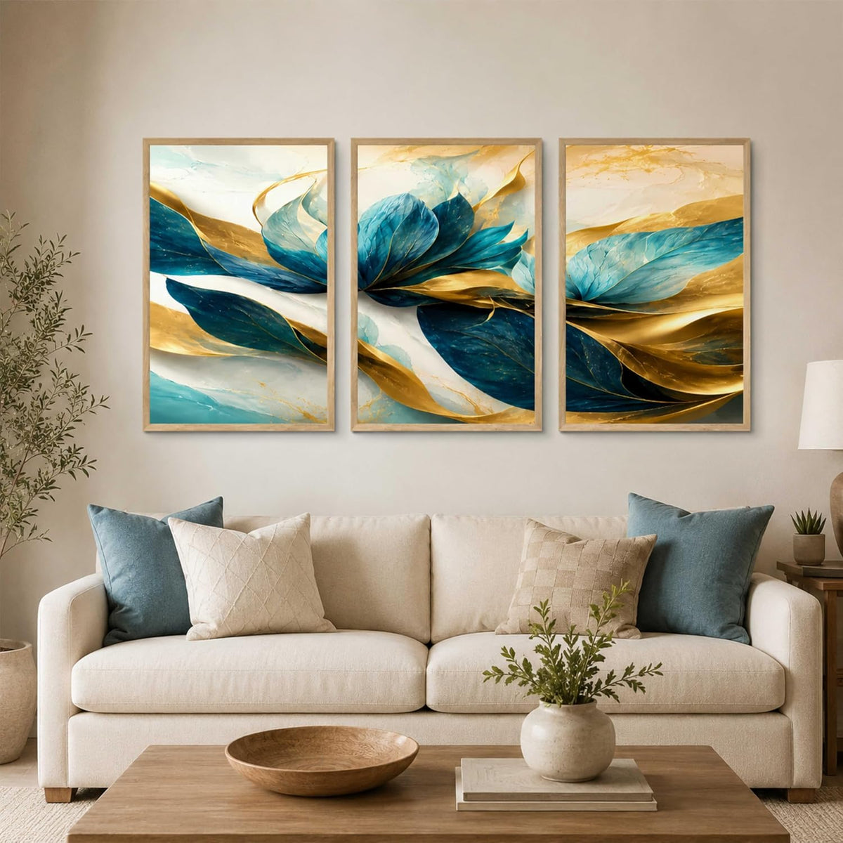 Abstract Blue Gold Floral Wall Painting Set of 3 for Living Room Bedroom Hall Office Decor, Modern Luxury Leaf Artwork, Premium Wooden Synthetic Frame (13.5 x 19.5) NM03-144
