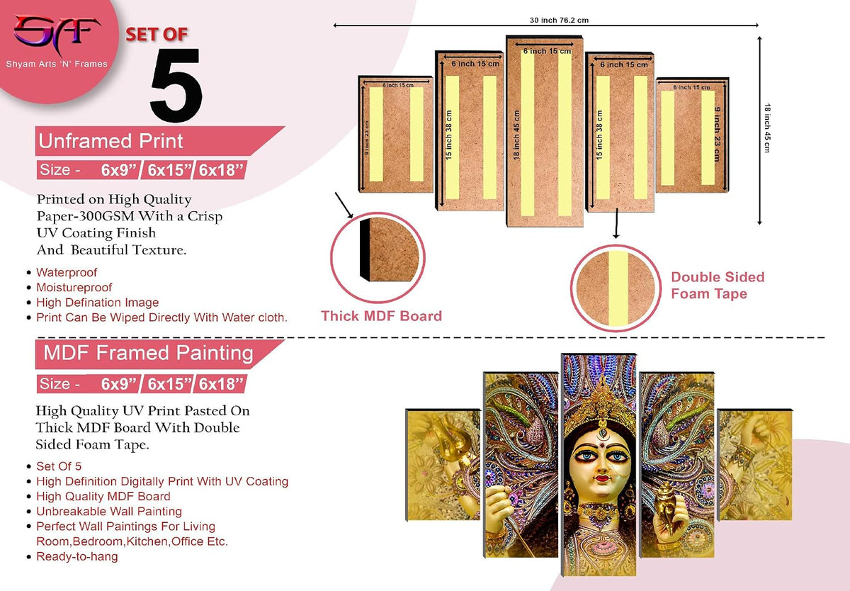 Shrowali Durga ma wall Painting for Living Room | Painting for Wall Decoration | Wedding Gift for Couples | 3D Painting for Bedroom | Abstract Painting Set of 5 (75x45 cm) SANFPNLS32660