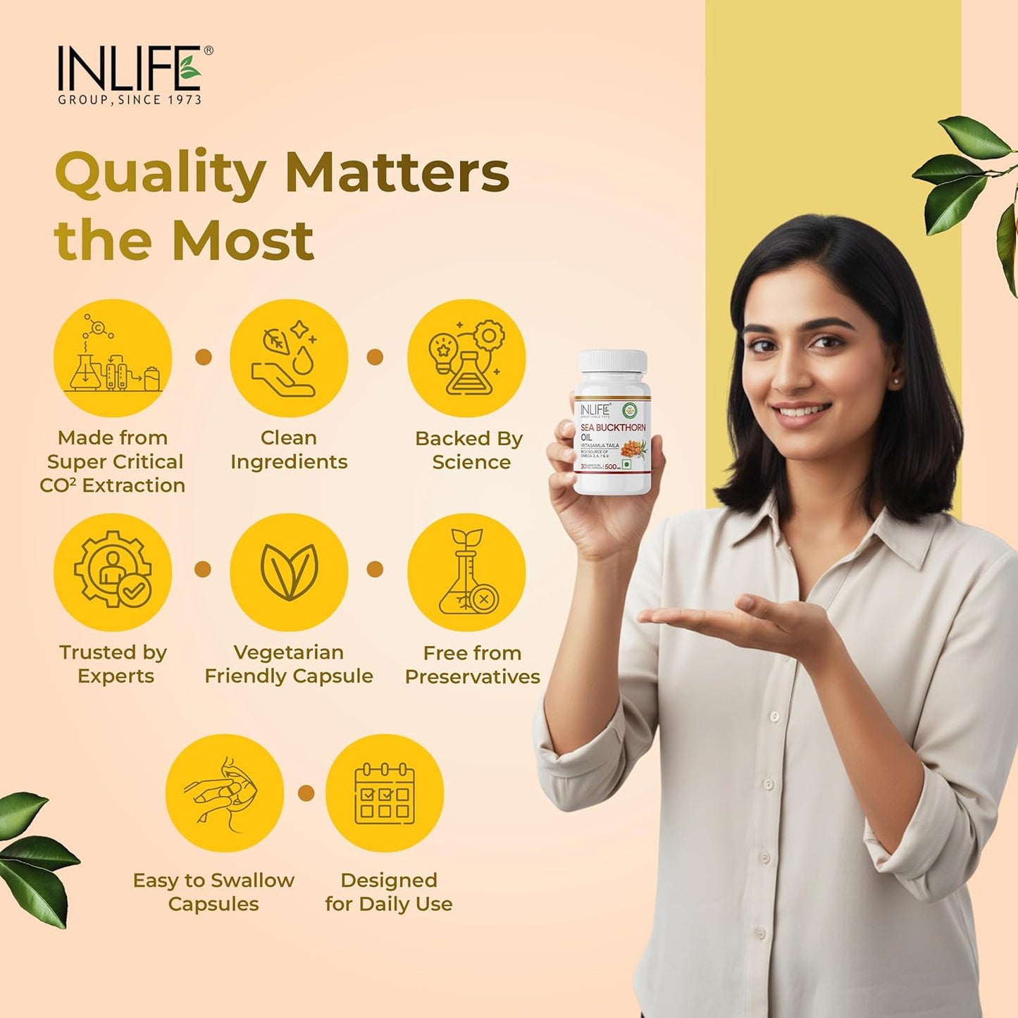 INLIFE Sea Buckthorn Oil Capsules 500mg | Omega 3 6 7 9 Supplement for Skin and Overall Wellness - 30 Liquid Filled Vegetarian Capsules (Pack of 1, 30)