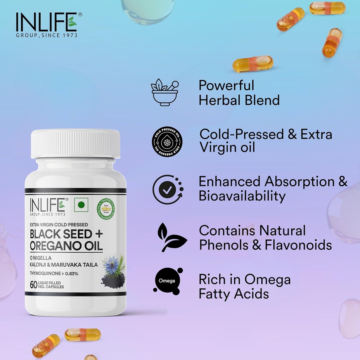 INLIFE Black Seed Oil (480 mg) & Oregano Oil (20 mg, 50:1) | Extra Virgin Cold Pressed | O Nigella, Kalonji & Maruvaka Taila | 60 Liquid Filled Veg Capsules