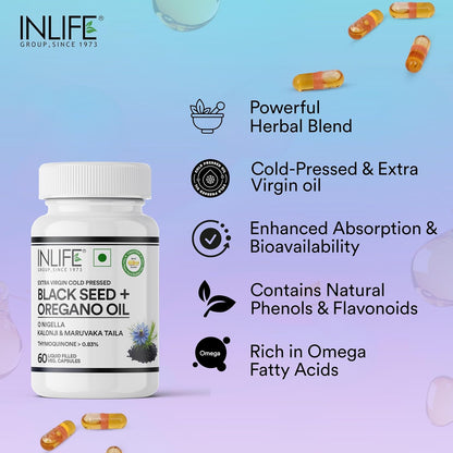 INLIFE Black Seed Oil (480 mg) & Oregano Oil (20 mg, 50:1) | Extra Virgin Cold Pressed | O Nigella, Kalonji & Maruvaka Taila | 60 Liquid Filled Veg Capsules